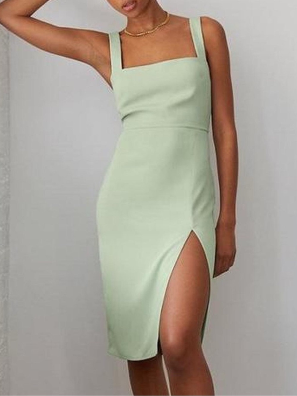 Aritzia (90s Slit)Light Mint Green Square-Neck Midi Dress with Thigh Slit -NWT